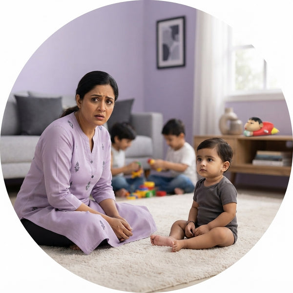 An Indian mother looking concerned while sitting with her baby on a rug in a modern, lavender and cream-toned living room.